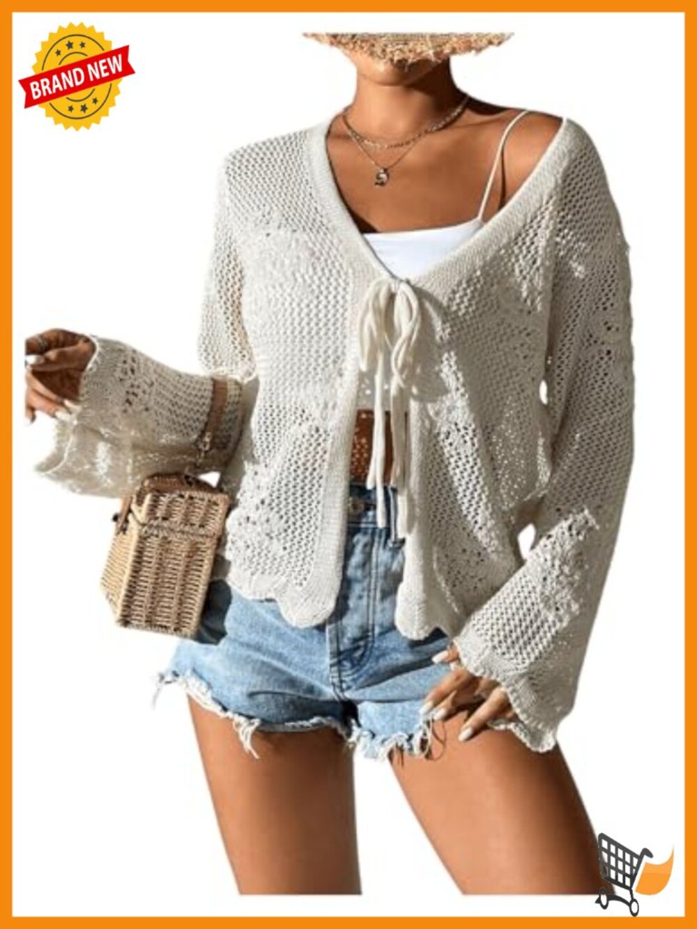 Tie Front Crochet Lightweight Long Sleeve Cardigan Sweater Boho Beach Lace